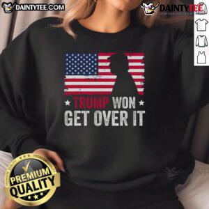 Awesome Trump Won Get Over It 2024 Sweatshirt featuring bold text and a stylish design for political supporters.