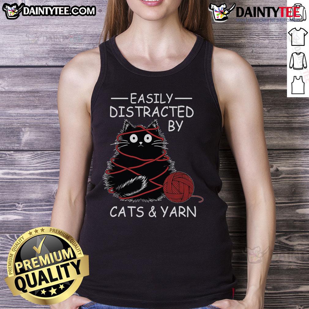 Alt Text: Cute kitten lover wearing a crochet tank top, easily distracted by cats and yarn, showcasing playful feline theme.