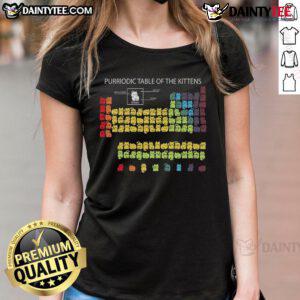 Adorable kittens illustrated in a periodic table design on a ladies tee, perfect for cat lovers and science enthusiasts.