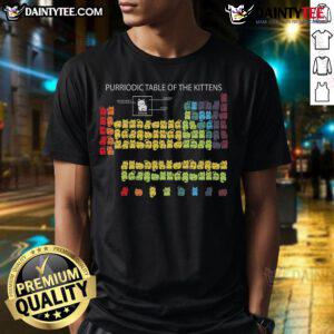 Alt Text: Cute Purriodic Table of the Kittens T-Shirt featuring playful kitten graphics and colorful scientific elements.