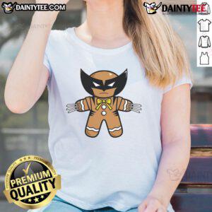 Cute Wolverine Gingerbread Wolvy ladies tee featuring a festive design perfect for holiday celebrations.