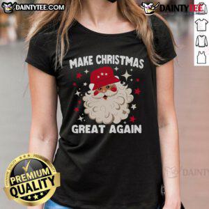 Funny Trump Christmas gag tee with Santa, 'Make Christmas Great Again' slogan for festive humor lovers.