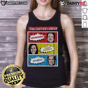 Official Justice League tank top featuring Kavanaugh, Coney Barrett, and Gorsuch in a superhero design.