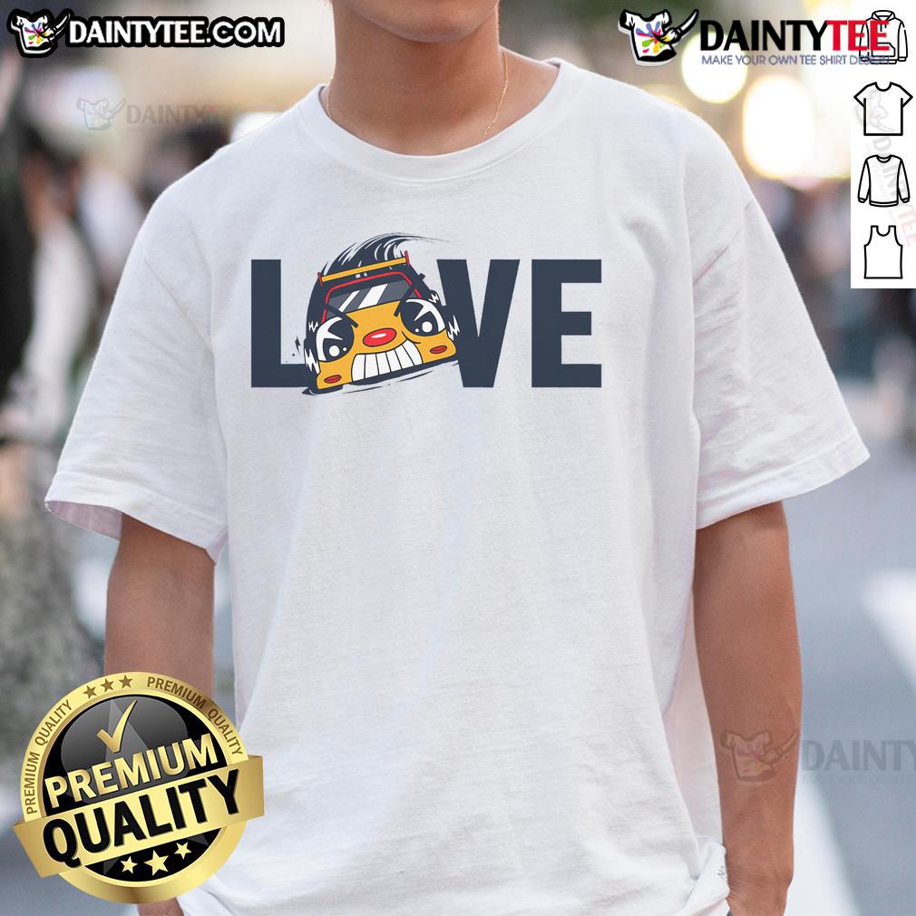 Adorable 'Cute Slot Car Love' T-shirt featuring a colorful slot car design, perfect for slot car enthusiasts and sports fans.