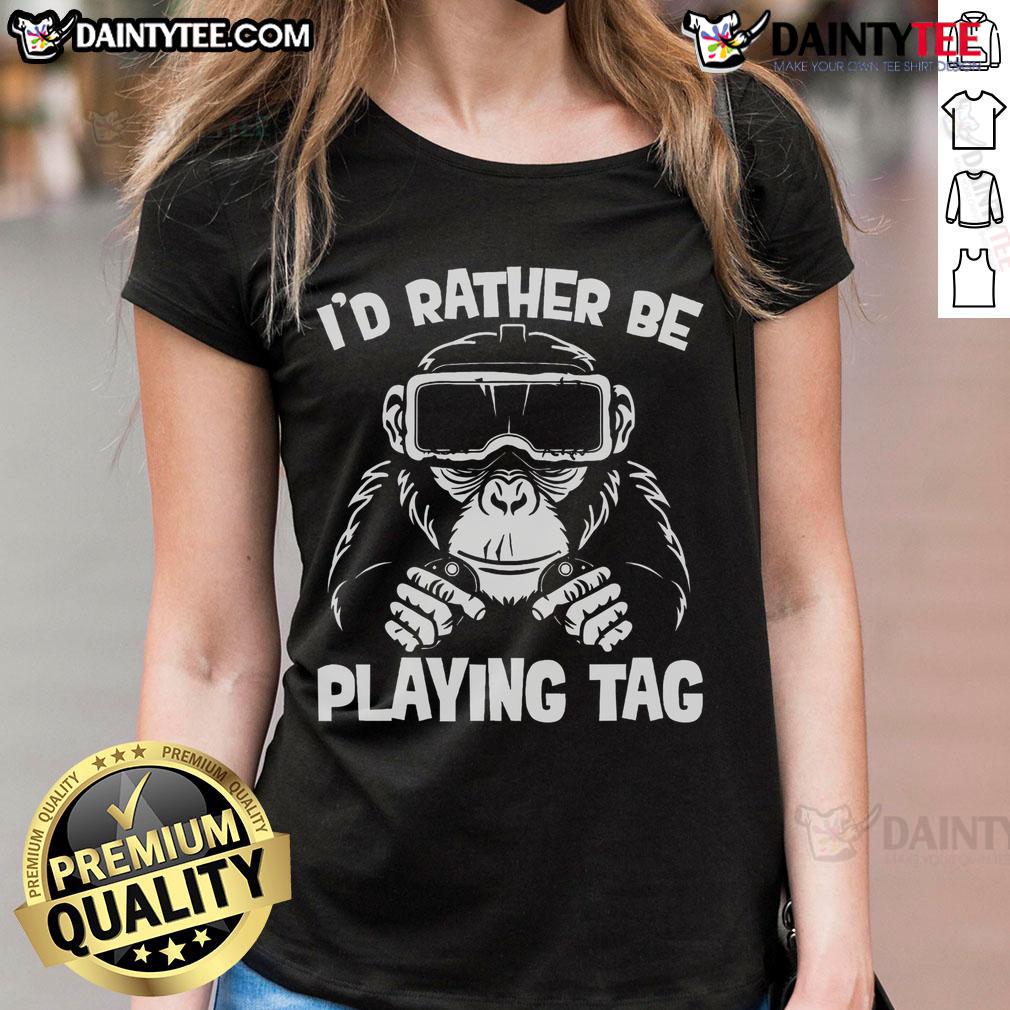 Funny gorilla gaming in VR meme on a ladies tee, showcasing a humorous take on gaming culture and style.