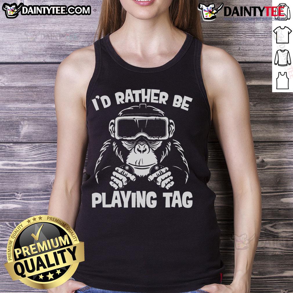 Funny gorilla wearing a VR headset, gaming on a meme tank top, showcasing a humorous take on gaming culture.