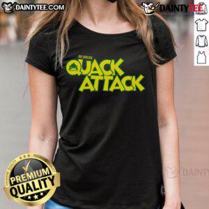 Funny vintage Quack Attack duck ladies tee in white, green, and yellow, perfect for quirky and casual outfits.
