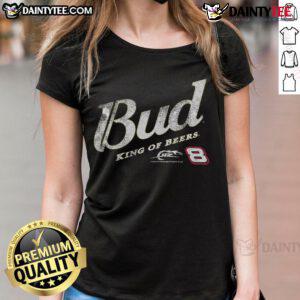 Alt Text: Awesome Bud King of Beers Dale Earnhardt Jr. Jr. Motorsports driver ladies tee shirt featuring vibrant design.