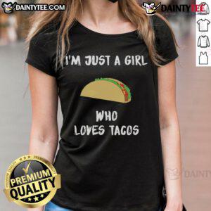Happy Taco Day ladies tee featuring 'Just a Girl Who Loves Tacos' design, perfect for taco lovers and food enthusiasts.