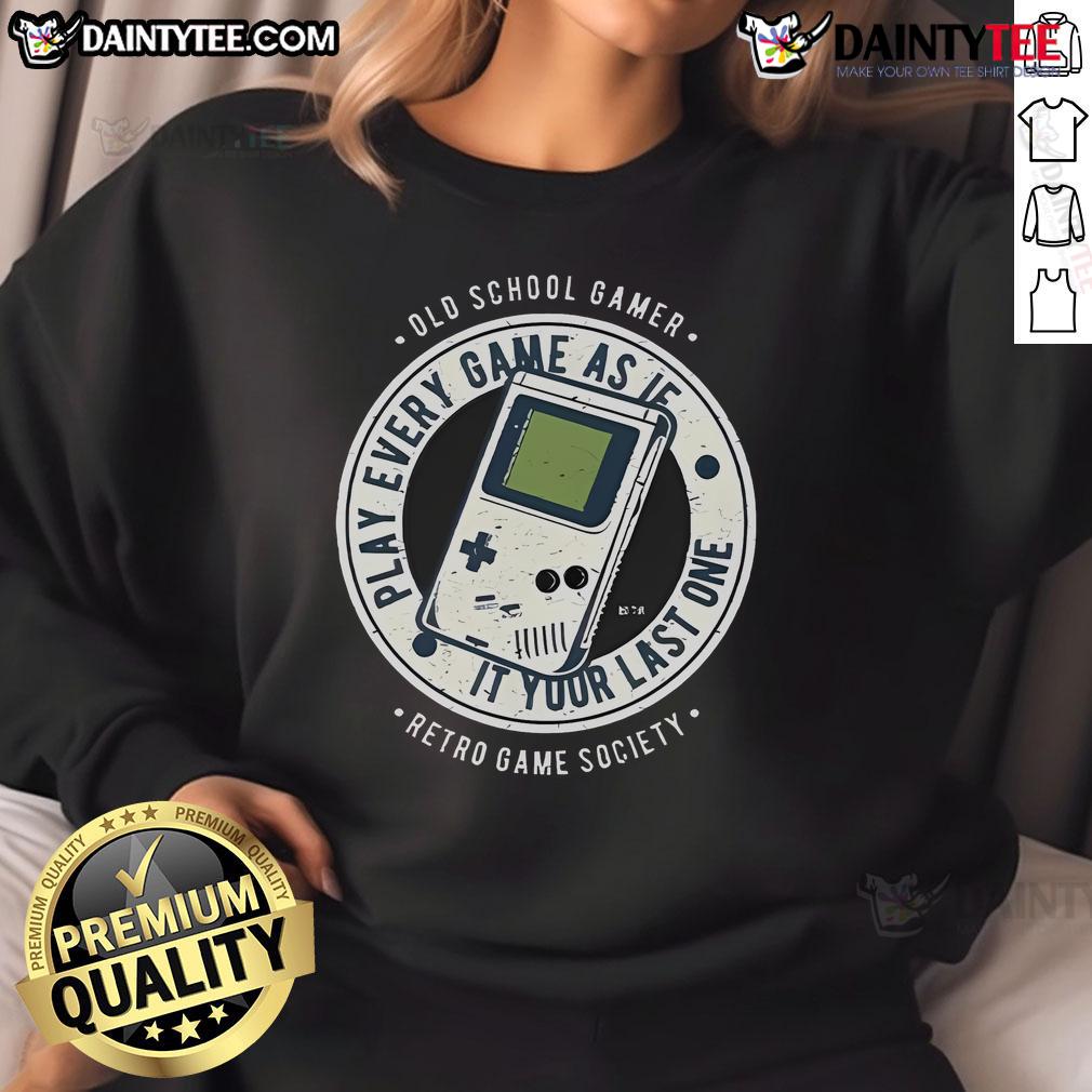Awesome old-school gamer wearing a retro sweatshirt, playing video games passionately as if it's their last game.