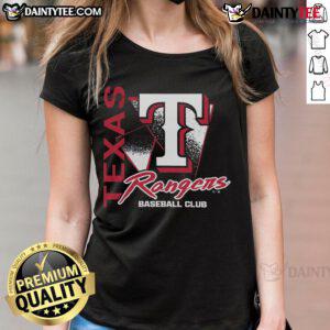 Awesome Texas Rangers Side Arm Baseball Club Ladies Tee featuring vibrant colors and stylish design.