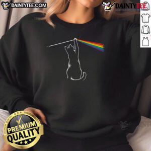 Funny cat playing with rainbow light on a cozy sweatshirt, showcasing a playful moment in vibrant colors and adorable charm.