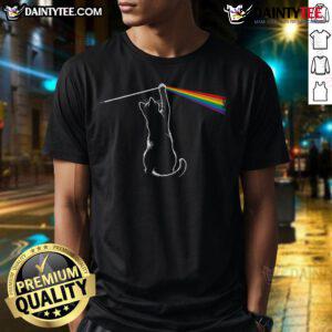Funny cat playing with rainbow light on a colorful T-shirt, showcasing a playful and whimsical design.