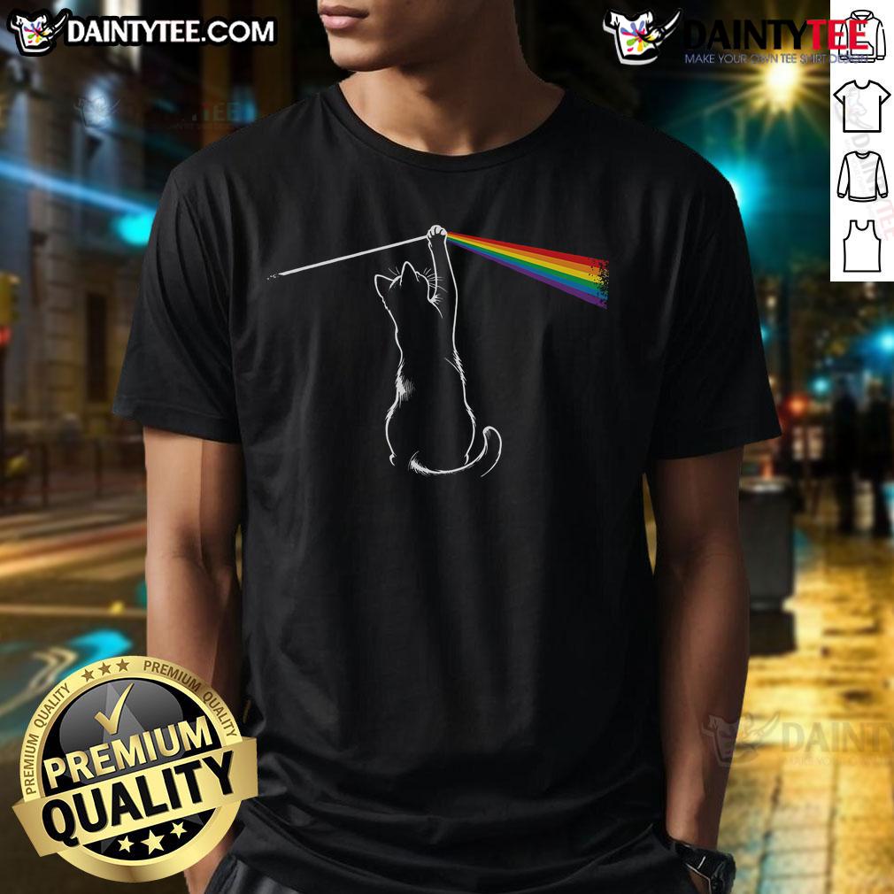 Funny cat playing with rainbow light on a colorful T-shirt, showcasing a playful and whimsical design.