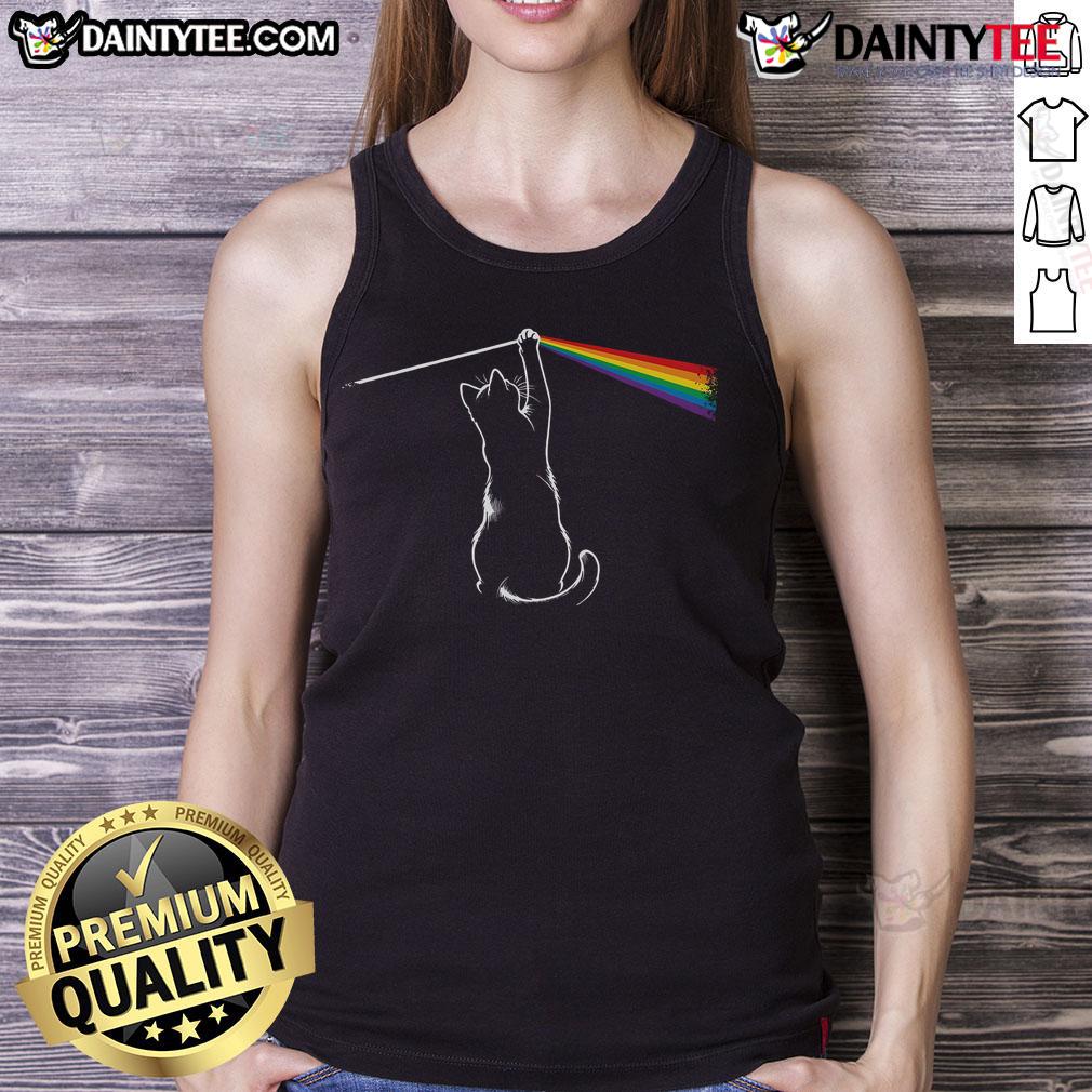 Alt Text: Funny cat playing with rainbow light in tank top, showcasing playful antics and vibrant colors in a cozy setting.