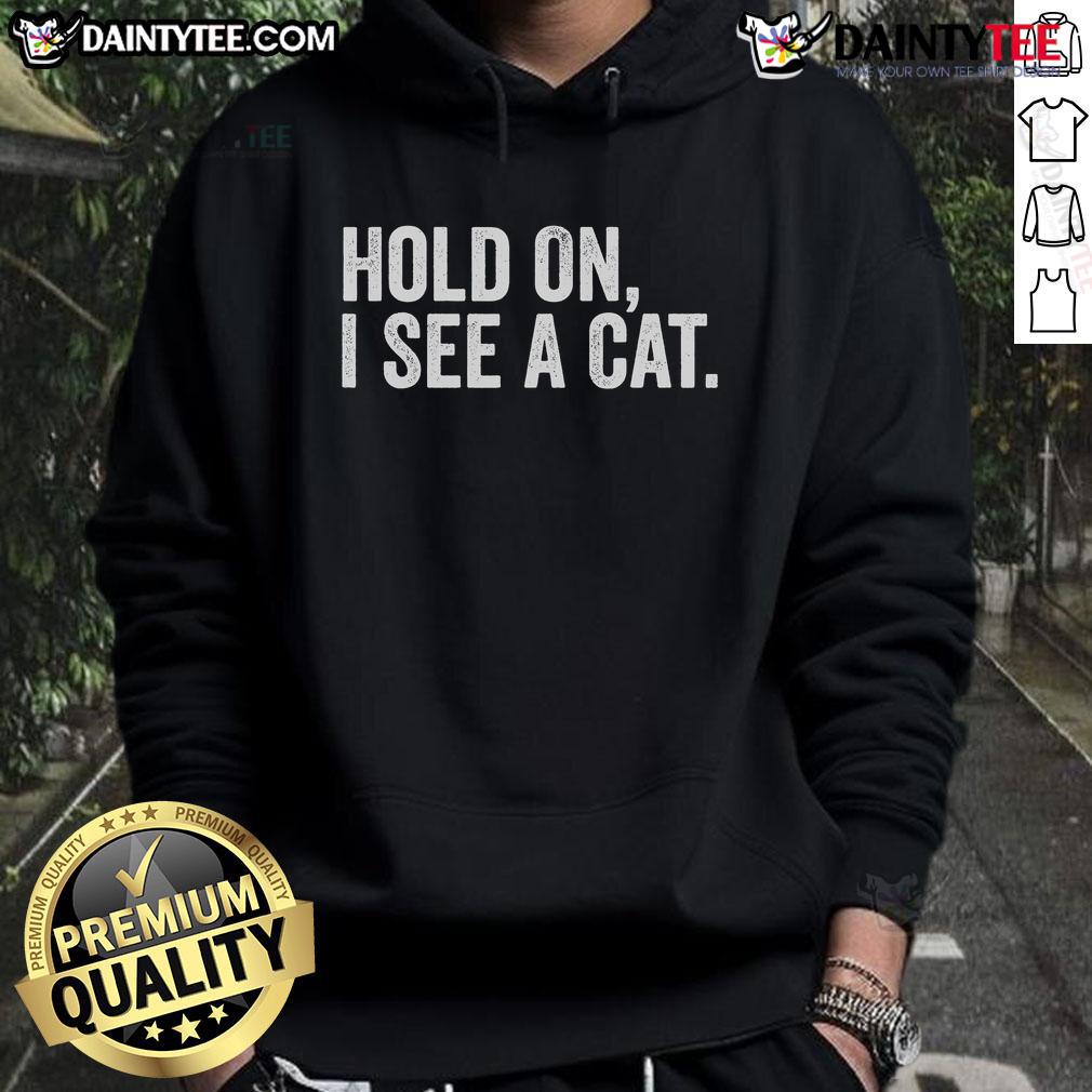 Funny 'Hold On, I See A Cat' hoodie design for cat lovers featuring a playful graphic of a cat.