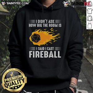 Funny 'I Didn't Ask How Big The Room Is, I Cast Fireball' hoodie design featuring a playful wizard theme.