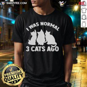 Funny 'I Was Normal 3 Cats Ago' T-Shirt featuring playful cats and kittens, perfect for cat lovers and humor enthusiasts.