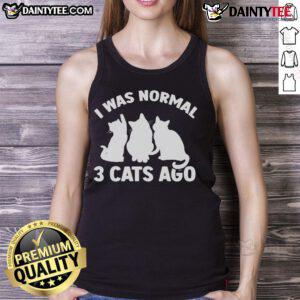 Funny cat tank top with 'I was normal 3 cats ago' slogan, featuring playful kittens in a vibrant design.