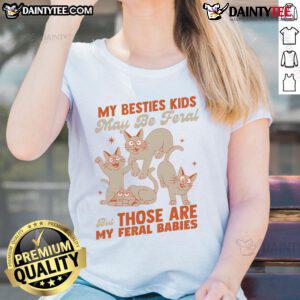 Funny ladies' tee featuring 'My besties may be feral but those are my feral babies' with playful cat graphics.