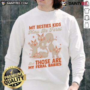 Alt Text: Cozy sweatshirt featuring the phrase My Besties May Be Feral But Those Are My Feral Babies with playful cat graphics.