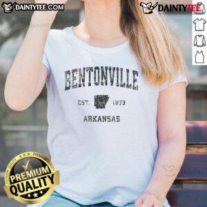 Vintage 'Good Bentonville Arkansas' ladies tee from 1973, showcasing retro sports style and local pride in Bentonville.