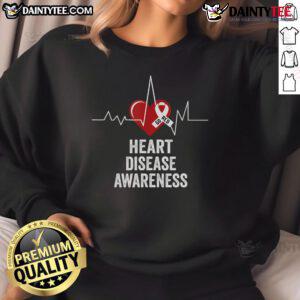 Red heart sweatshirt for Good Heart Disease Awareness, promoting Go Red in February for heart health awareness.