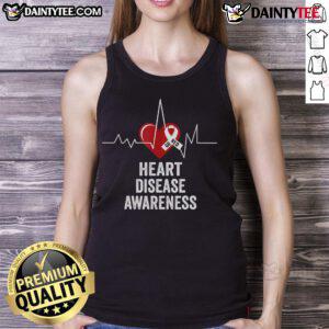 Red heart tank top promoting heart disease awareness in February, encouraging 'Go Red' for a healthy lifestyle.