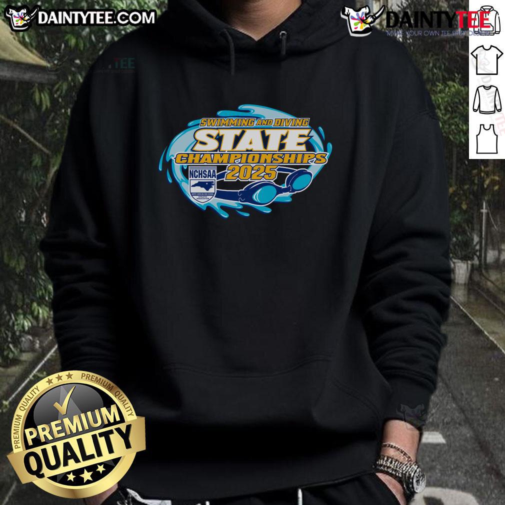 2025 NCHSAA Swimming and Diving State Championships hoodie featuring vibrant colors and official logo design.