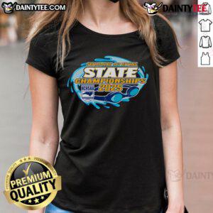 2025 NCHSAA Swimming and Diving Championships ladies tee featuring vibrant design and championship logo.
