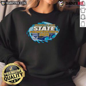 2025 NCHSAA Swimming and Diving State Championships sweatshirt showcasing team pride and event logo design.