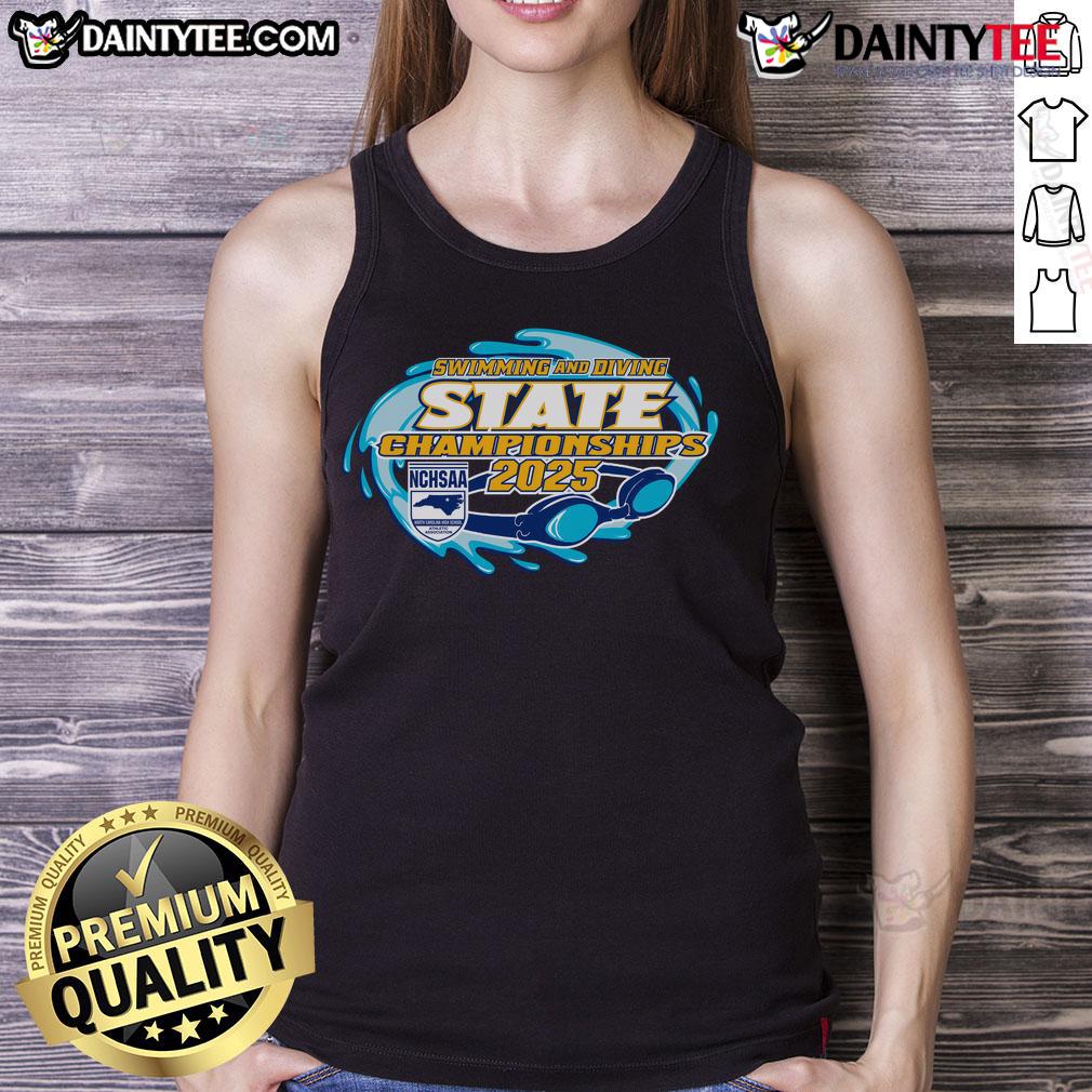 2025 NCHSAA Swimming and Diving State Championships tank top featuring vibrant colors and championship logo.