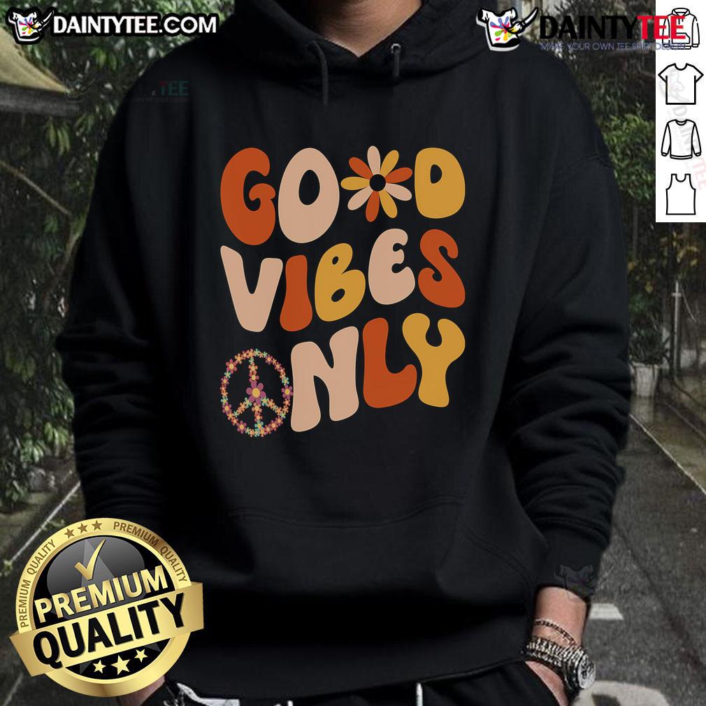 Good Vibes Only Peace Love 60s 70s hoodie in vibrant colors, perfect for retro style lovers and festival enthusiasts.