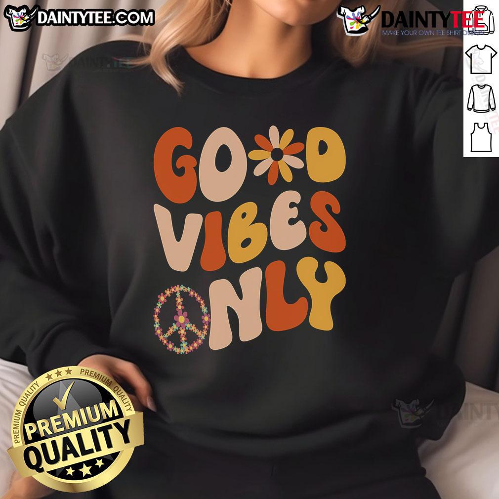 Good Vibes Only Peace Love sweatshirt inspired by 60s 70s retro style, perfect for casual and stylish outfits.