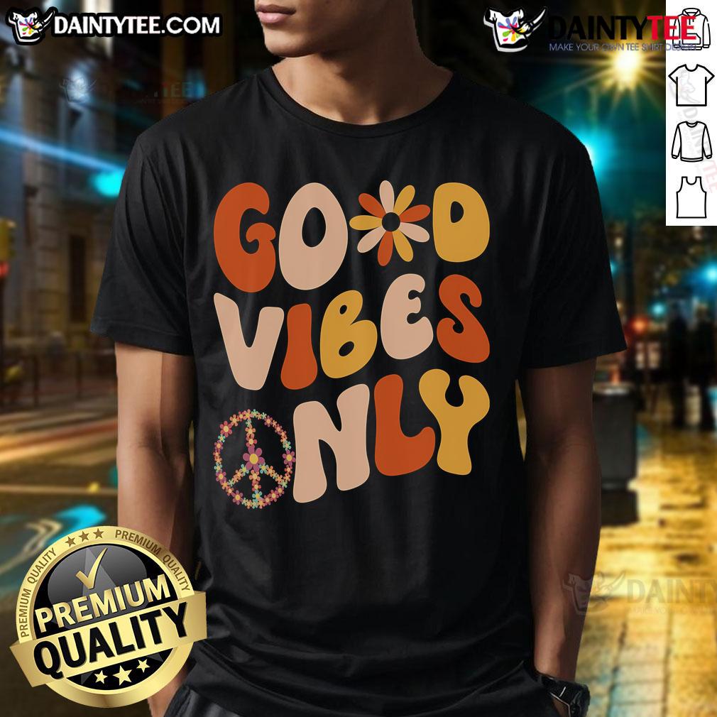 Good Vibes Only Peace Love 60s 70s T-Shirt featuring vibrant retro design, perfect for vintage fashion enthusiasts.