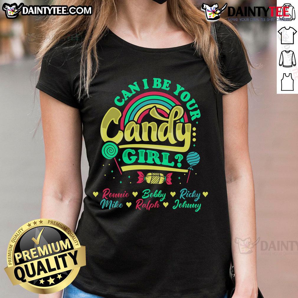 Happy Candy Girl tee featuring Ronnie, Bobby, Ricky, Mike, Ralph, and Johnny, perfect for nostalgic fans and casual wear.