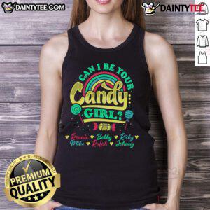 Happy girl in a tank top, inspired by 'Can I Be Your Candy Girl' with Ronnie, Bobby, Ricky, Mike, Ralph, and Johnny.