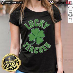 Happy Lucky Teacher St. Patrick's Day ladies tee featuring a cheerful design with shamrocks and festive colors.
