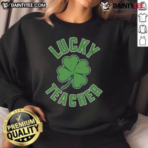 Happy Lucky Teacher St. Patrick's Day sweatshirt featuring a cheerful design with shamrocks and vibrant colors.