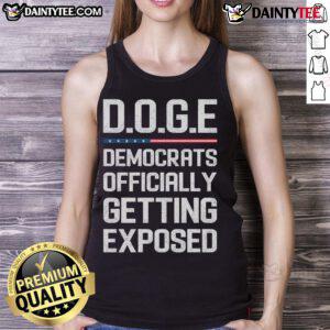 Hot DOGE Democrats exposed in a US flag tank top, showcasing a bold statement on political trends and cryptocurrency.