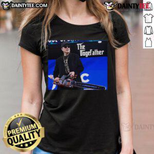 Hot Elon Musk chainsaw DOGE new avatar on a stylish ladies tee, perfect for crypto fans and trendy apparel lovers.