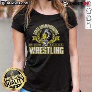 Alt Text: 2025 NCHSAA Wrestling Men's and Women's Individual State Championships Ladies Tee, showcasing vibrant design and colors.
