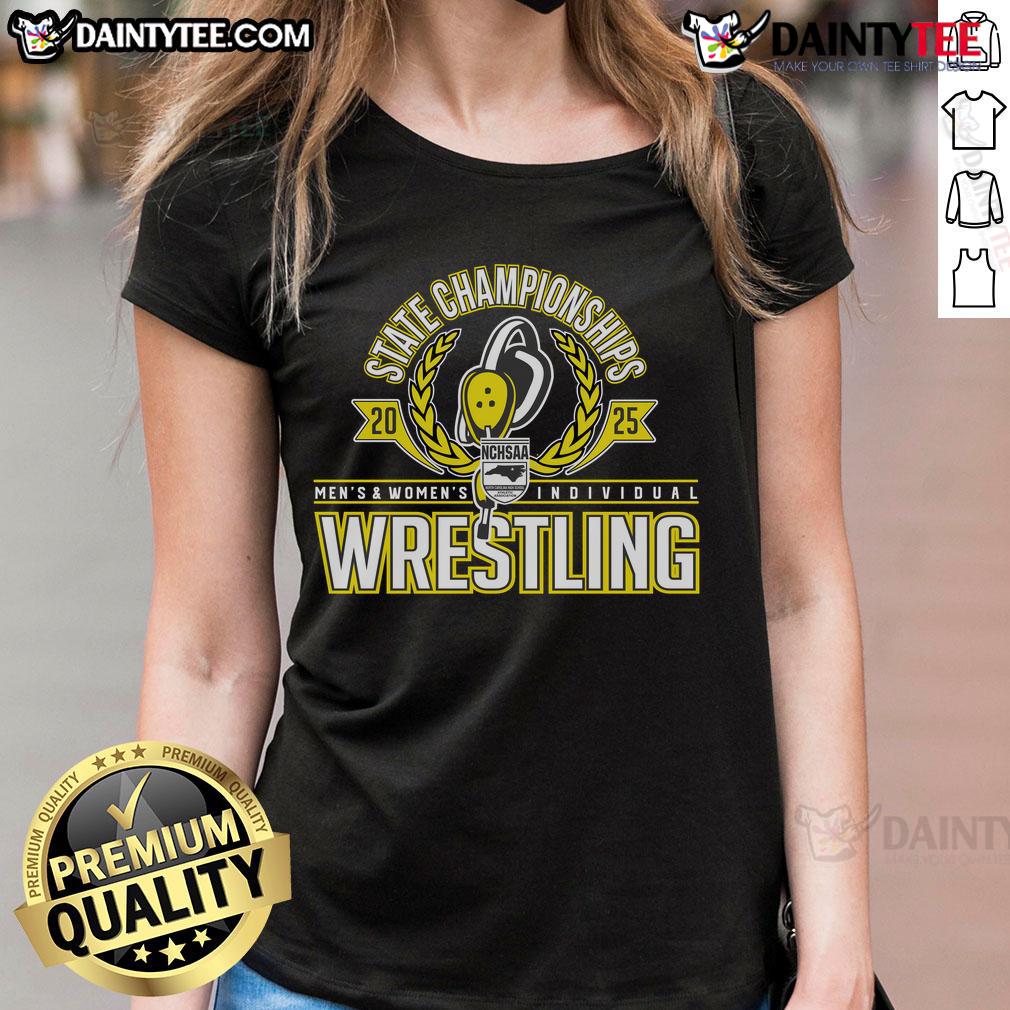 Alt Text: 2025 NCHSAA Wrestling Men's and Women's Individual State Championships Ladies Tee, showcasing vibrant design and colors.