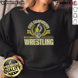 2025 NCHSAA Wrestling Men's and Women's Individual State Championships sweatshirt featuring bold graphics and vibrant colors.