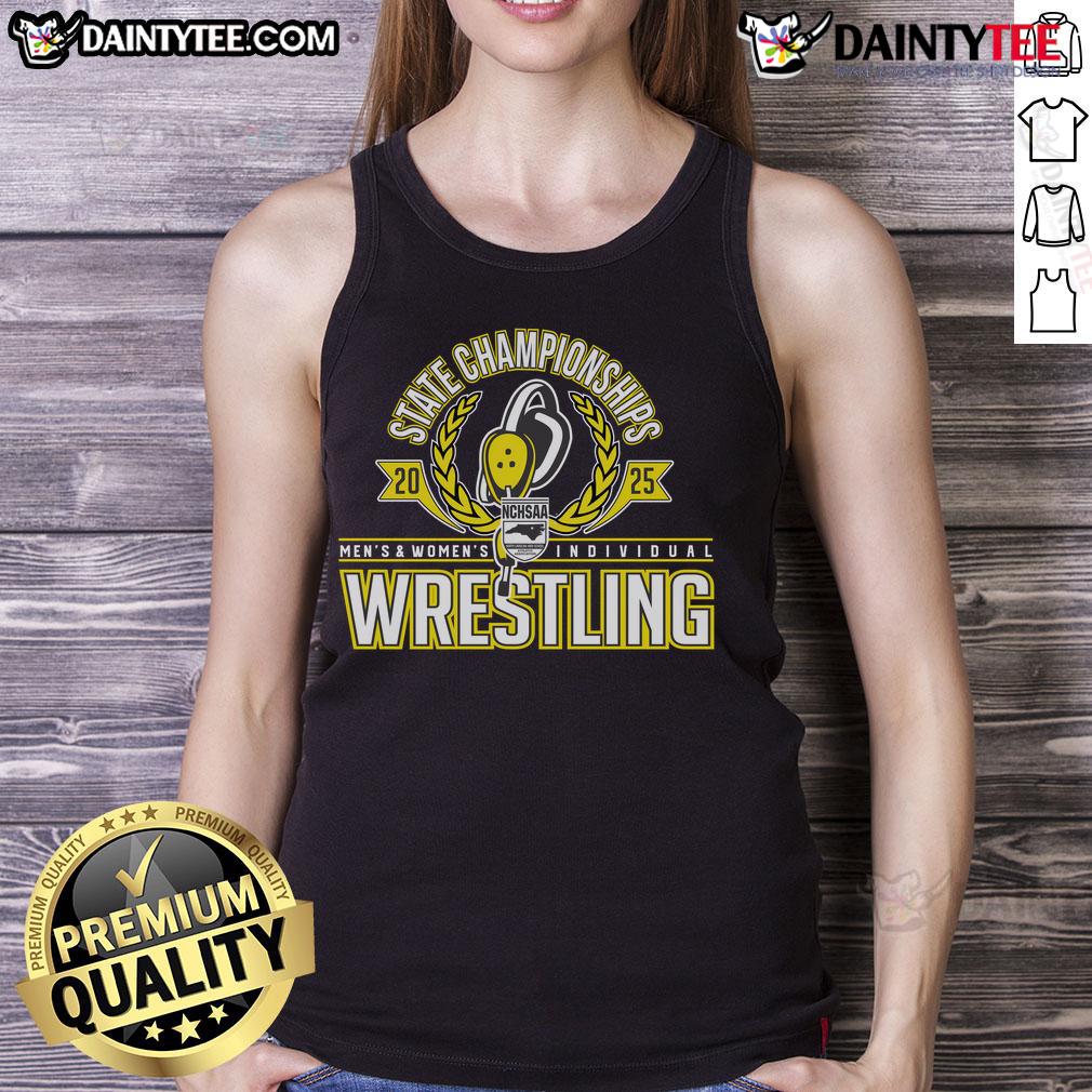 Men's and women's individual state championships 2025 tank top featuring NCHSAA logo and vibrant design for wrestling fans.