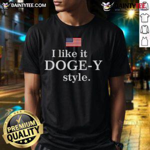 Funny 'Nice I Like It Dogey Style' Doge T-Shirt featuring a playful Shiba Inu design in vibrant colors.