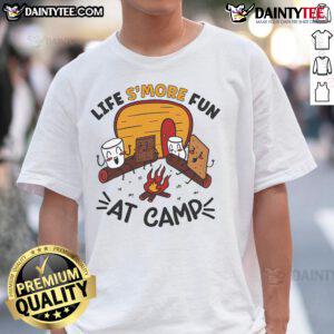 Nice Life's More Fun At Camp T-Shirt featuring a campfire and marshmallow design, perfect for camping enthusiasts.