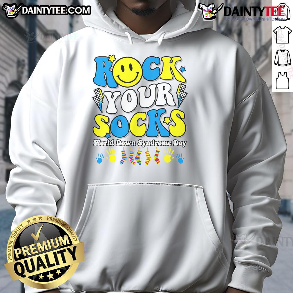 Cozy hoodie featuring 'Rock Your Socks World' design for Down Syndrome Awareness Day, promoting inclusivity and support.