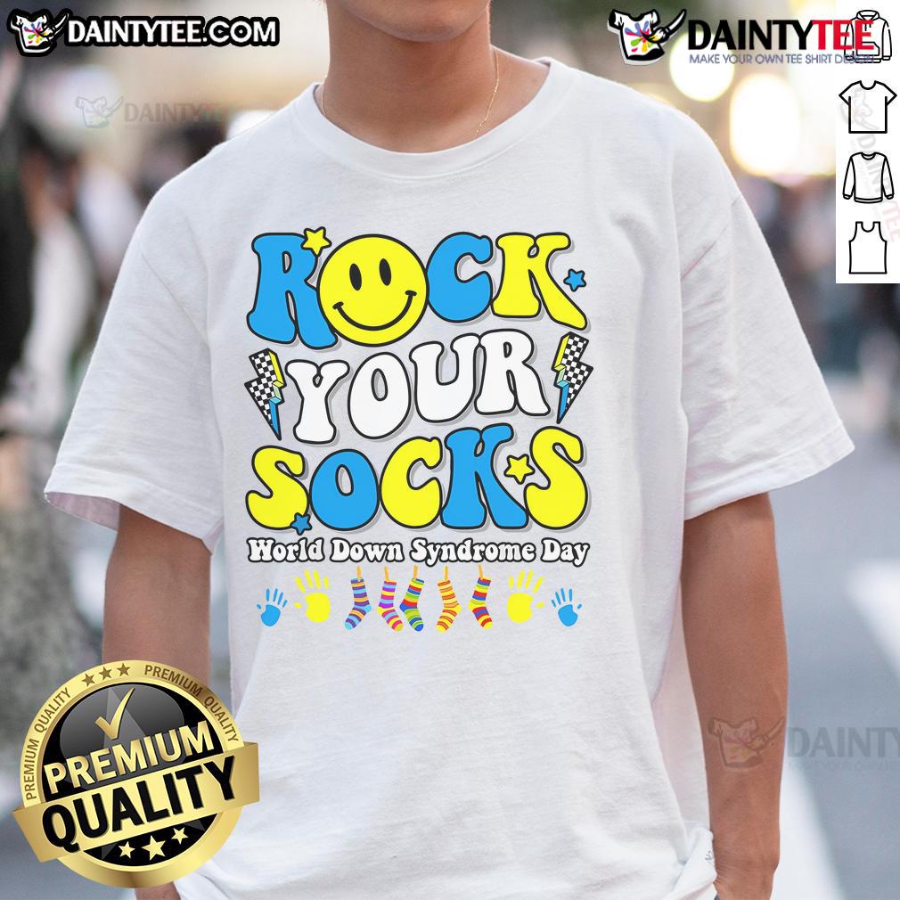 Nice Rock Your Socks World Down Syndrome Awareness Day T-Shirt featuring colorful socks and a vibrant design for awareness.