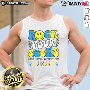 Stylish 'Nice Rock Your Socks World' tank top for Down Syndrome Awareness Day, featuring vibrant colors and a positive message.